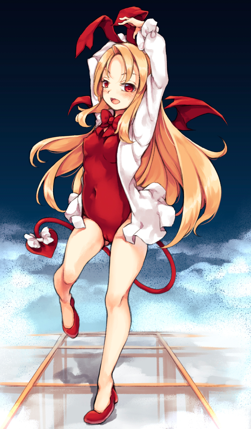 bangs blonde_hair bow cameltoe commentary_request covered_navel covered_nipples demon_girl demon_tail demon_wings disgaea dress flonne flonne_(fallen_angel) hair_between_eyes hair_ribbon hairband highres leotard long_hair long_sleeves looking_at_viewer maremay0513 open_mouth red_bow red_eyes red_footwear red_hairband red_leotard red_ribbon red_wings ribbon solo tail tail_bow tail_raised very_long_hair white_bow white_dress wings