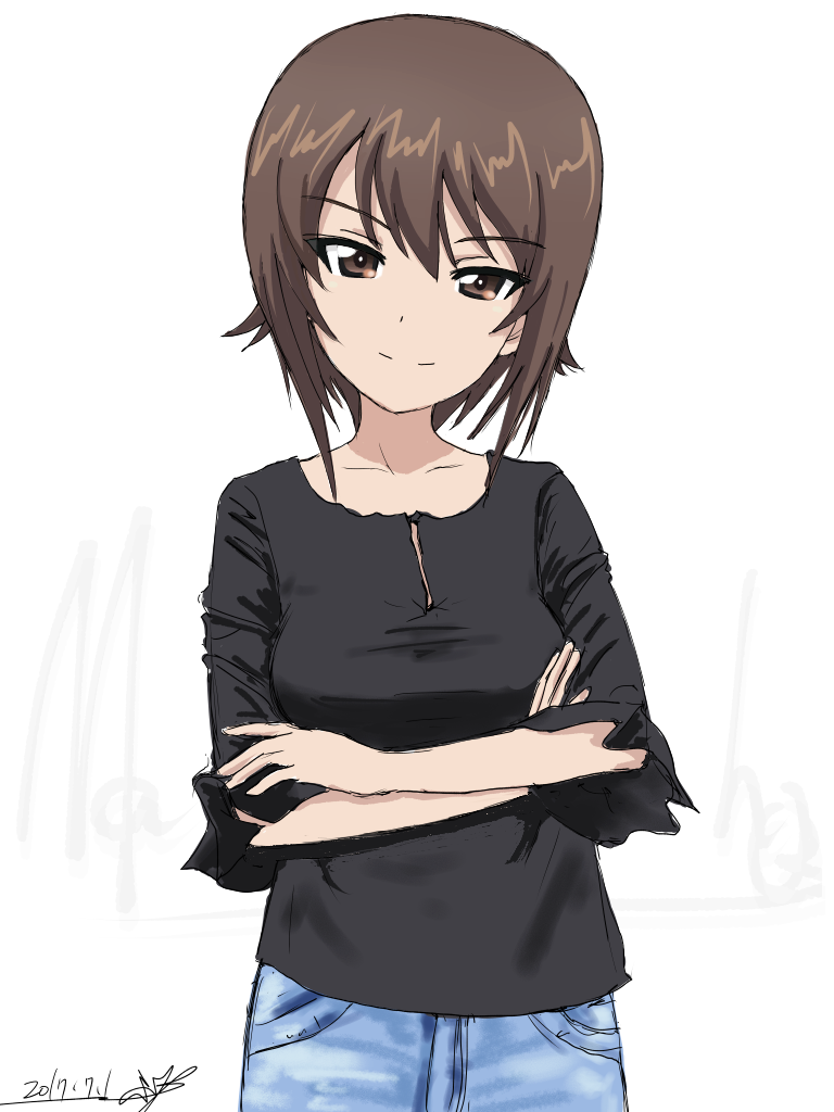 artist_name bangs black_shirt blue_pants brown_eyes brown_hair bukkuri casual character_name closed_mouth commentary dated denim eyebrows_visible_through_hair girls_und_panzer head_tilt jeans long_sleeves looking_at_viewer nishizumi_maho pants shirt short_hair signature simple_background smile solo standing upper_body white_background