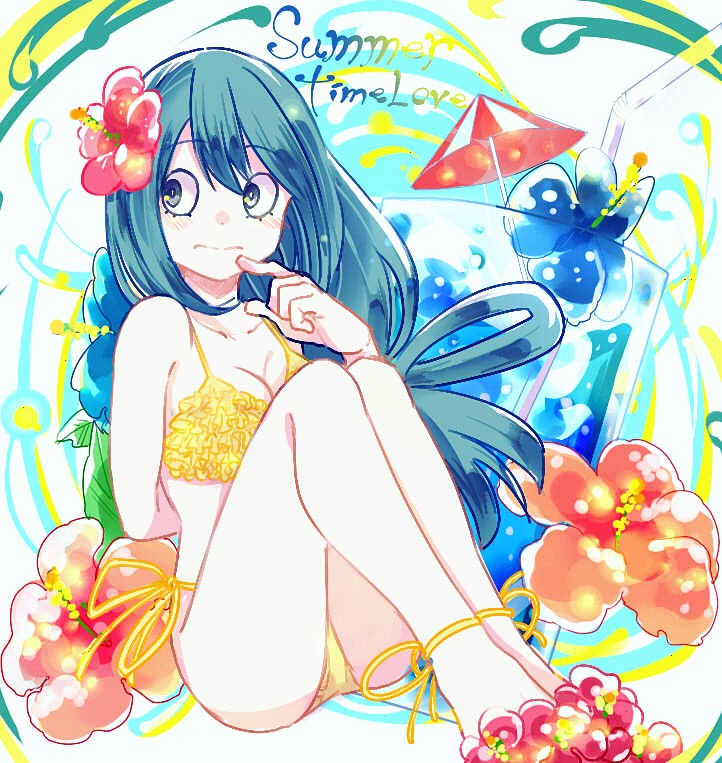arm_behind_back asui_tsuyu bikini boku_no_hero_academia breasts cleavage collarbone commentary_request cup drinking_glass drinking_straw english flower green_eyes green_hair hair_flower hair_ornament hair_rings long_hair looking_at_viewer low-tied_long_hair otojirou sitting solo swimsuit yellow_bikini