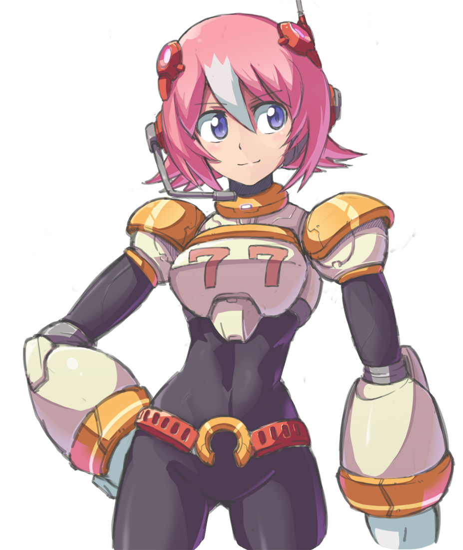 android belt blue_eyes bodysuit breasts commentary_request cowboy_shot hair_between_eyes hand_on_hip headgear headset multicolored_hair nana_(rockman) pink_hair robot_ears rockman rockman_x rockman_x_command_mission short_hair simple_background smile solo two-tone_hair white_background white_hair yuusuke_(5yusuke3)