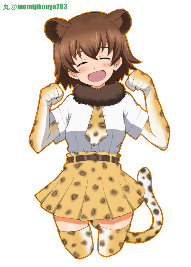 :d animal_ears animal_print artist_name belt black_belt blush bodystocking brown_hair clenched_hands closed_mouth commentary cosplay cowboy_shot cropped_legs eyebrows_visible_through_hair facing_viewer freckles fur_collar girls_und_panzer gloves kayabakoro kemono_friends miniskirt necktie open_mouth paw_pose pleated_skirt print_gloves print_legwear print_neckwear print_skirt shirt short_hair short_sleeves simple_background skirt smile solo standing tail thighhighs tsuchiya_(girls_und_panzer) twitter_username white_background white_shirt yellow_gloves yellow_legwear yellow_skirt