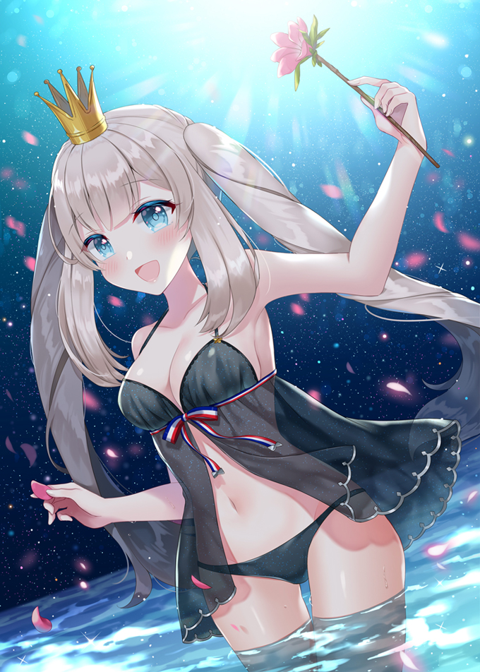 babydoll black_panties blue_eyes blush breasts cleavage collarbone crown eyebrows_visible_through_hair fate/grand_order fate_(series) flower grey_hair holding holding_flower large_breasts long_hair looking_at_viewer marie_antoinette_(fate/grand_order) naomi_(fantasia) navel open_mouth panties smile solo twintails underwear very_long_hair wading water