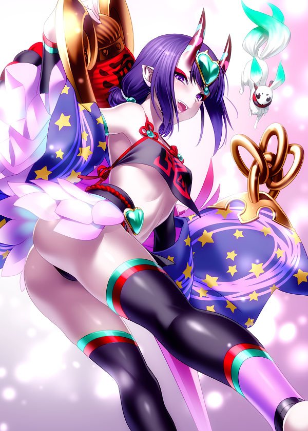 ass bangs bare_shoulders barefoot black_legwear blush breasts club commentary_request detached_sleeves dudou eyeliner fangs fate/grand_order fate_(series) forehead_jewel fundoshi headpiece heart hips horns japanese_clothes legs looking_at_viewer low_twintails makeup obi oni oni_horns open_mouth pointy_ears purple_eyes purple_hair rope sash short_eyebrows short_hair short_twintails shuten_douji_(fate/grand_order) shuten_douji_(halloween)_(fate) small_breasts smile solo spiked_club star star_print stirrup_legwear thighs toeless_legwear twintails weapon zen
