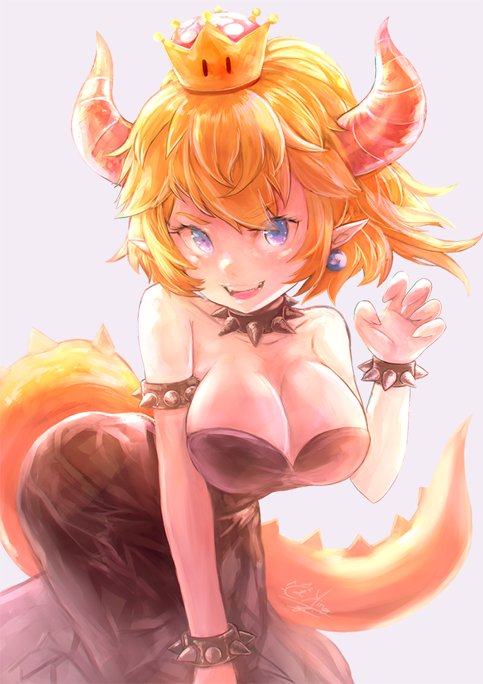 armlet armpits bangs bare_shoulders black_collar black_dress blonde_hair blue_eyes bowsette bracelet breasts claw_pose cleavage collar collarbone crown dress earrings eyebrows_visible_through_hair fatherland2009 hand_up horns jewelry large_breasts leaning_forward legs long_hair looking_at_viewer mario_(series) new_super_mario_bros._u_deluxe open_mouth palms ponytail sidelocks signature simple_background skindentation solo spiked_armlet spiked_bracelet spiked_collar spiked_tail spikes standing strapless strapless_dress super_crown tail upper_teeth