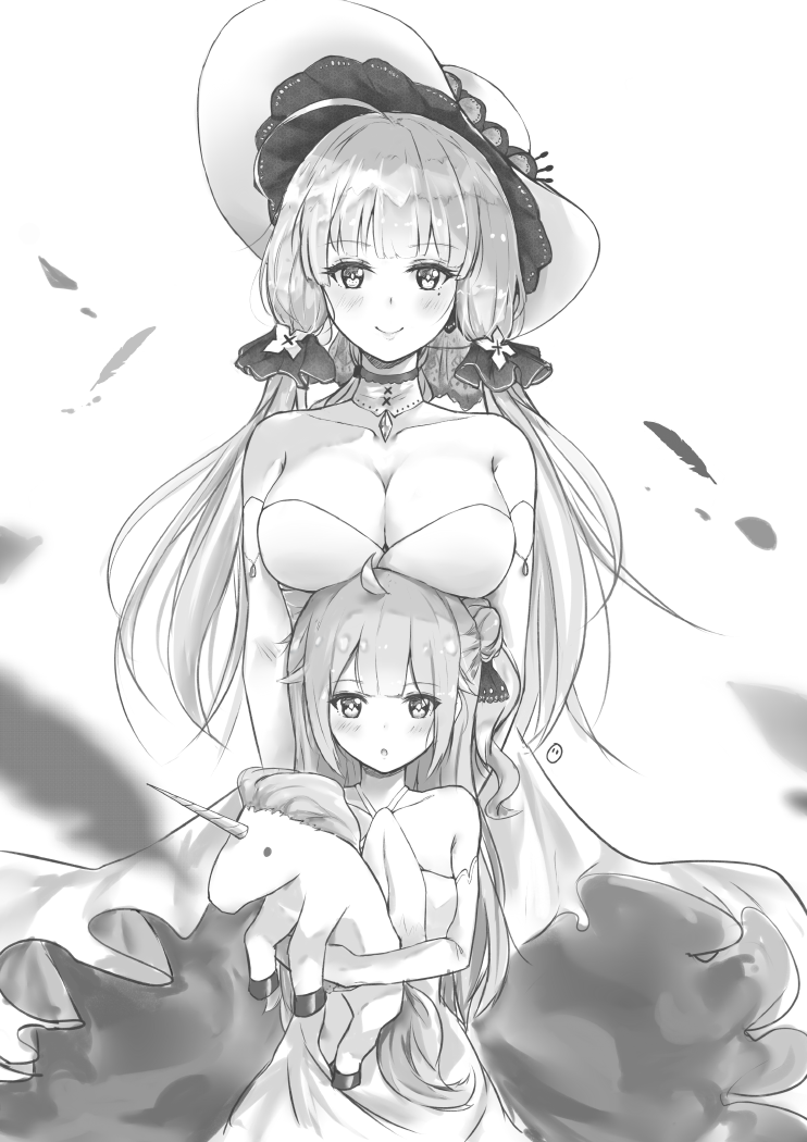 ahoge azur_lane bare_shoulders blurry breast_rest breasts breasts_on_head choker cleavage depth_of_field doll_hug dress elbow_gloves envyvanity gloves greyscale hair_bun hair_ribbon hat illustrious_(azur_lane) long_hair looking_at_viewer mole mole_under_eye monochrome multiple_girls off-shoulder_dress off_shoulder one_side_up parted_lips ribbon simple_background size_difference sketch smile stuffed_alicorn stuffed_animal stuffed_toy sun_hat tri_tails unicorn_(azur_lane) wind
