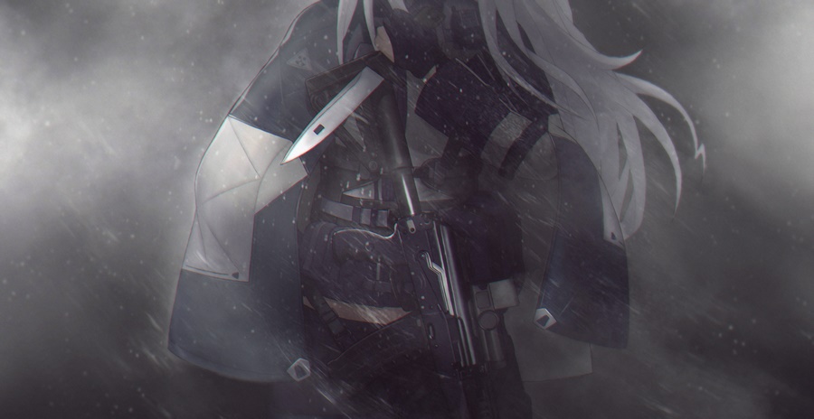 ak-12 ak-12_(girls_frontline) assault_rifle bag belt black_gloves capelet cero_(last2stage) girls_frontline gloves gun head_out_of_frame holding holding_knife holding_weapon knife long_hair long_sleeves military military_uniform partly_fingerless_gloves rain rifle silver_hair simple_background snow solo standing uniform walkie-talkie weapon winter