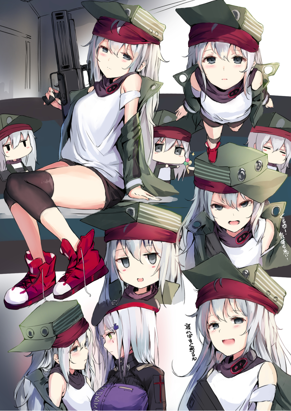 arm_support bangs bare_shoulders black_shorts blush blush_stickers boots breasts chibi closed_eyes closed_mouth eye_contact eyebrows_visible_through_hair flat_cap g11_(girls_frontline) girls_frontline green_hat grey_eyes gun hair_between_eyes hair_ornament hat head_tilt highres hk416_(girls_frontline) holding holding_gun holding_weapon jacket jitome looking_at_another looking_at_viewer looking_up multiple_girls multiple_views object_namesake open_mouth parted_lips profile purple_jacket red_footwear short_shorts shorts silver_hair sitting small_breasts standing tama_satou tank_top translated v-shaped_eyebrows weapon white_tank_top