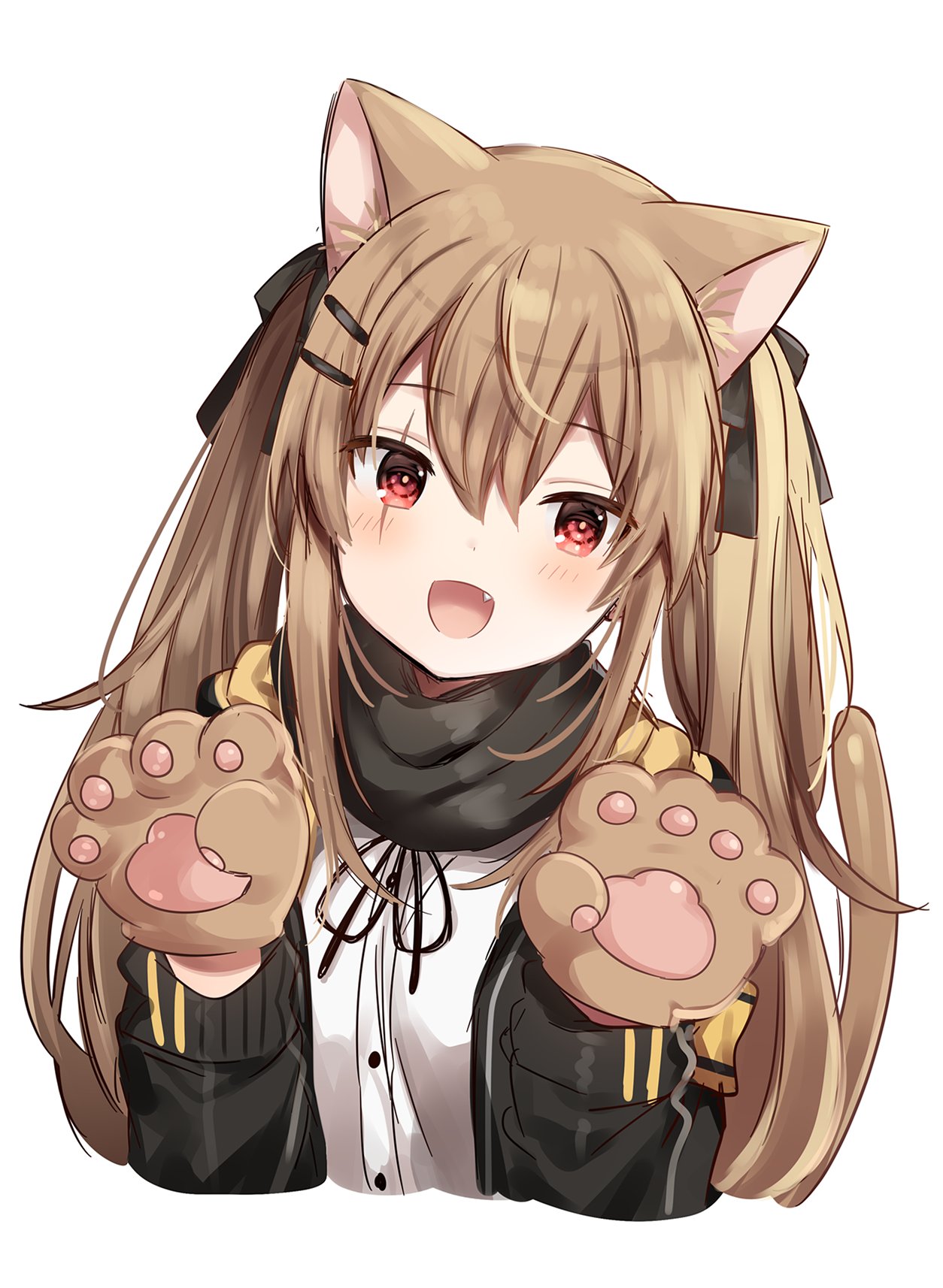 animal_ears black_ribbon blush brown_hair cat_ears cat_paws cat_tail eyebrows_visible_through_hair fang girls_frontline hair_ornament hair_ribbon hairclip highres long_hair long_sleeves looking_at_viewer mafuyu_(chibi21) open_mouth paws red_eyes ribbon scar scar_across_eye simple_background smile solo tail twintails ump9_(girls_frontline) upper_body white_background