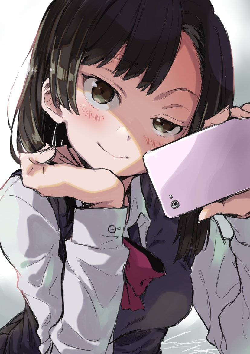 bangs black_hair blush brown_eyes cellphone chin_rest commentary holding holding_cellphone holding_phone io_naomichi long_hair long_sleeves looking_at_viewer neckerchief original phone school_uniform smartphone smile smirk smug solo uneven_eyes vest