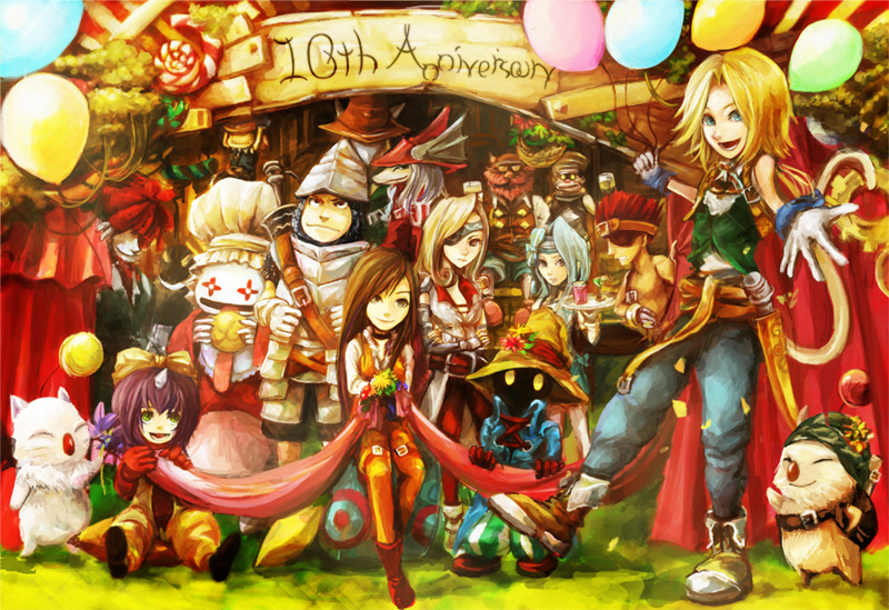 baku_(ff9) beatrix black_hair blank blonde_hair blue_eyes bodysuit breasts brown_eyes brown_hair choker cinna commentary_request dress eiko_carol everyone final_fantasy final_fantasy_ix freija_crescent garnet_til_alexandros_xvii gloves long_hair meche multiple_boys multiple_girls orange_bodysuit quina_quen ruby_(ff9) salamander_coral short_hair smile tail vivi_ornitier zidane_tribal