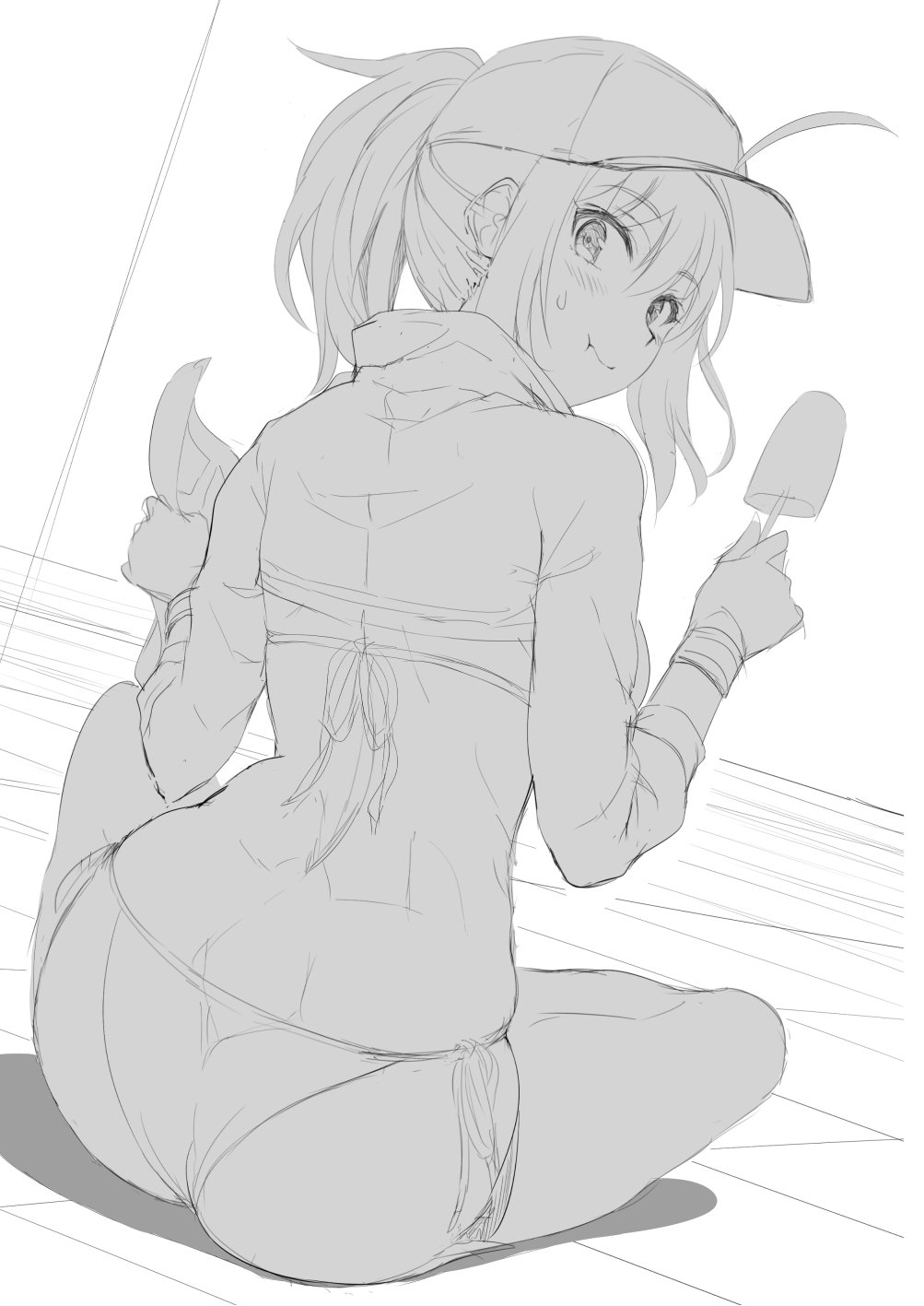 akita_hika artoria_pendragon_(all) ass baseball_cap bikini commentary_request fate/grand_order fate_(series) food greyscale hat highres monochrome mysterious_heroine_xx_(foreigner) ponytail popsicle shrug_(clothing) sitting sketch solo swimsuit