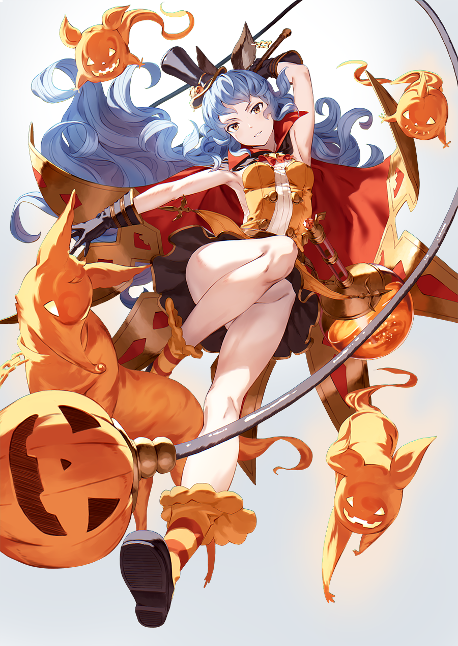 animal_ears black_gloves blue_hair cape commentary_request erune ferry_(granblue_fantasy) gloves granblue_fantasy halloween hat highres jack-o'-lantern kinta_(distortion) long_hair looking_at_viewer mini_hat mini_top_hat skirt top_hat wavy_hair yellow_eyes
