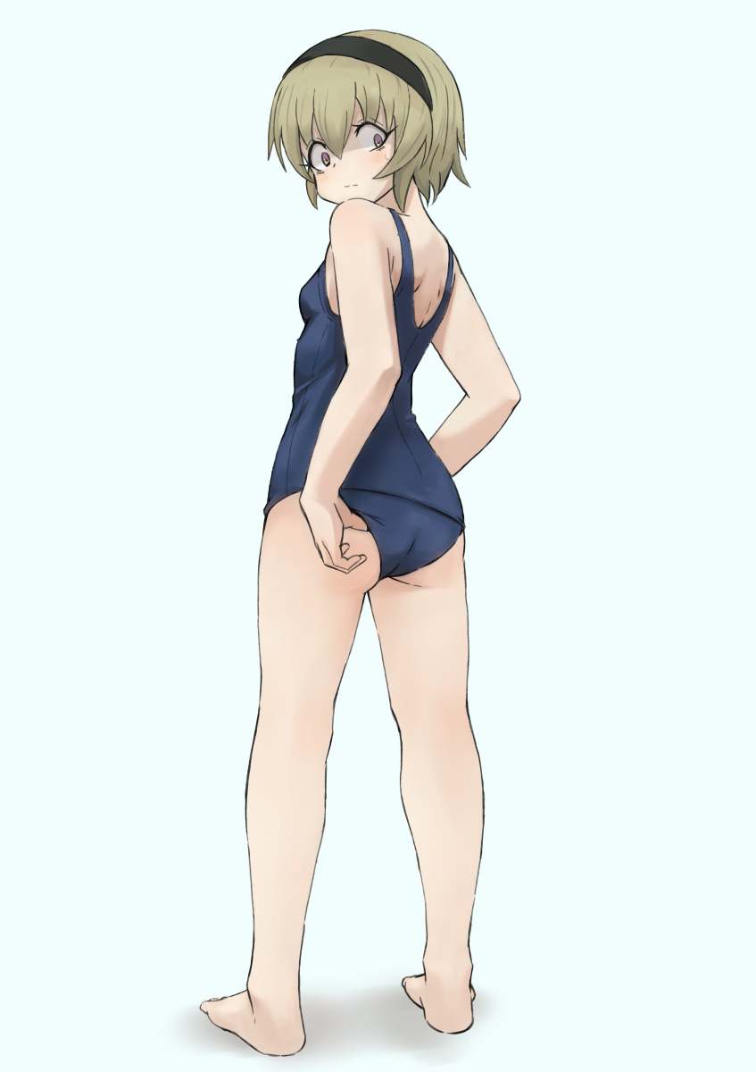 adjusting_clothes adjusting_swimsuit ass back barefoot black_hairband blue_background blue_swimsuit blush breasts closed_mouth constricted_pupils from_behind full_body grey_hair hair_between_eyes hairband hand_on_hip highres jashin-chan_dropkick k-go kneepits legs looking_at_viewer looking_back old_school_swimsuit one-piece_swimsuit pekora_(jashin-chan_dropkick) school_swimsuit shade shadow short_hair simple_background small_breasts solo standing straight_hair sweatdrop swimsuit swimwear wide-eyed yellow_eyes