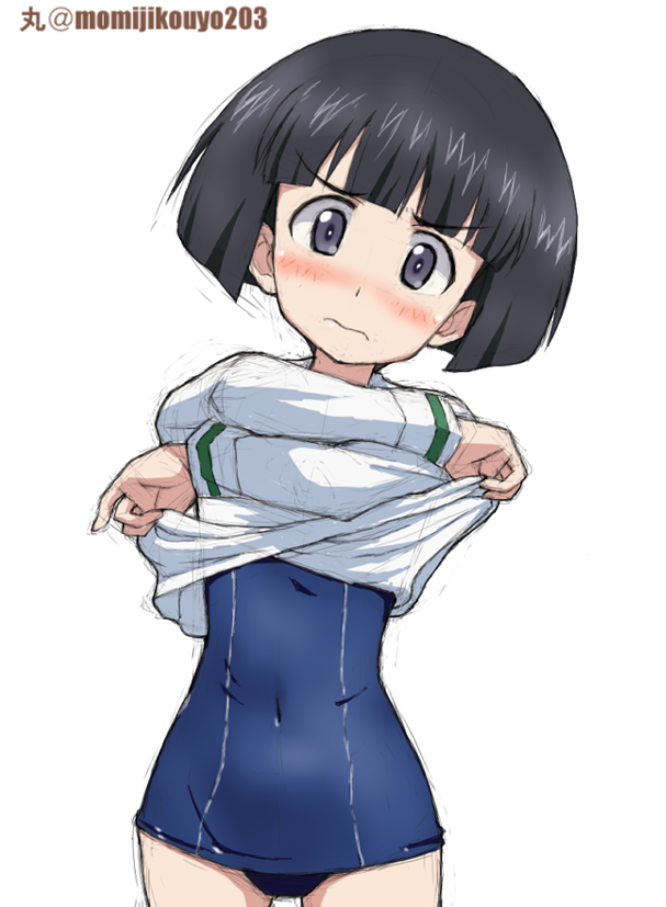 artist_name bangs black_eyes black_hair blouse blue_swimsuit blunt_bangs blush bob_cut closed_mouth commentary covered_navel cowboy_shot embarrassed frown girls_und_panzer kayabakoro lifted_by_self long_sleeves looking_at_viewer old_school_swimsuit one-piece_swimsuit ooarai_school_uniform school_swimsuit school_uniform shirt_lift short_hair simple_background solo sono_midoriko standing swimsuit swimsuit_under_clothes twitter_username undressing wavy_hair white_background white_blouse