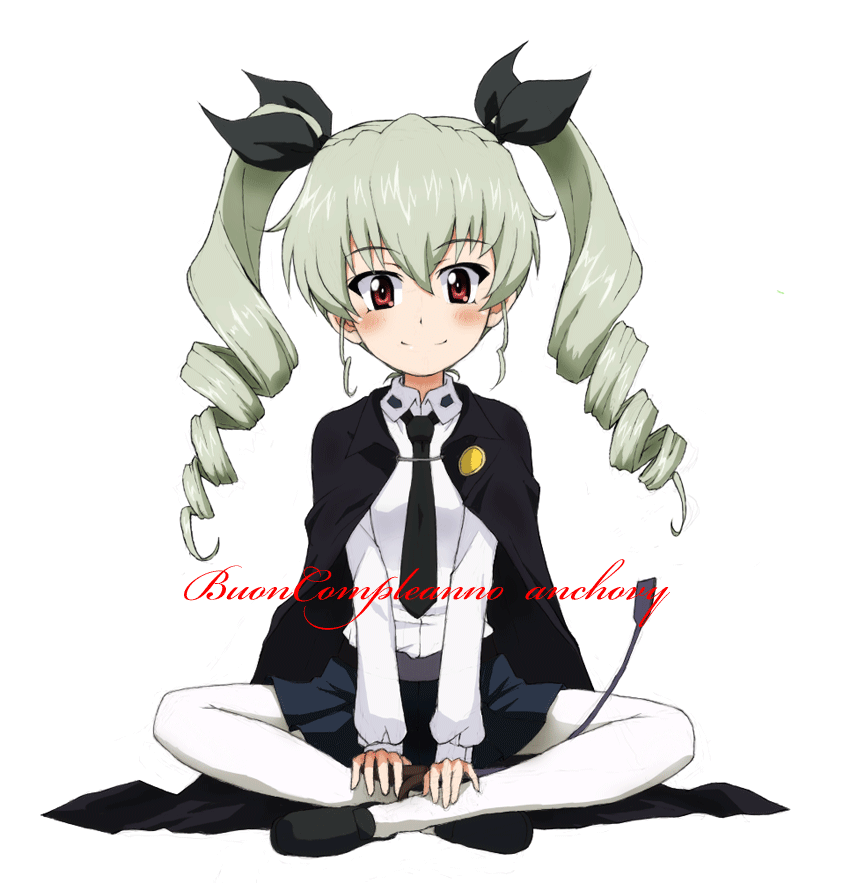 anchovy anzio_school_uniform arm_support bangs belt black_belt black_cape black_footwear black_neckwear black_ribbon black_skirt blush cape character_name closed_mouth commentary cursive dress_shirt drill_hair eyebrows_visible_through_hair full_body girls_und_panzer green_hair hair_ribbon happy_birthday indian_style italian kayabakoro loafers long_hair long_sleeves looking_at_viewer miniskirt necktie pantyhose pleated_skirt red_eyes ribbon riding_crop school_uniform shirt shoes simple_background sitting skirt smile solo twin_drills twintails white_background white_legwear white_shirt