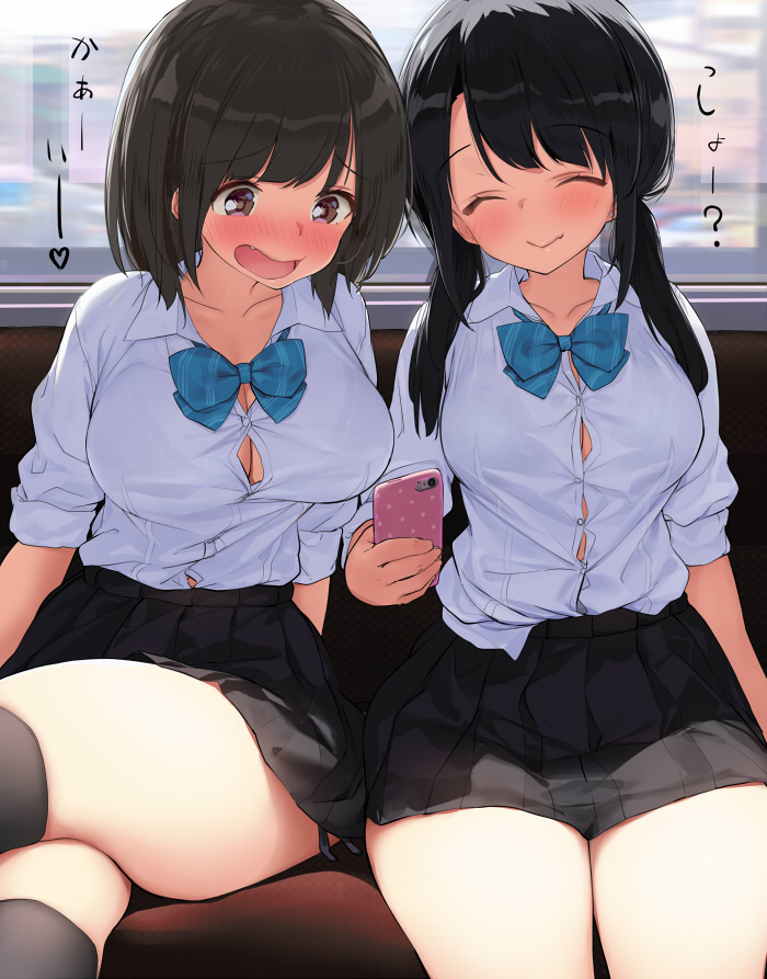 :d ^_^ black_hair black_legwear blush bow bowtie bra breasts brown_eyes brown_hair bursting_breasts button_gap cellphone cleavage closed_eyes commentary cowboy_shot crossed_legs eyebrows_visible_through_hair fang fang_out hair_over_shoulder kaisen_chuui large_breasts long_hair low_twintails miniskirt multiple_girls open_mouth original panties phone school_uniform see-through short_hair side-tie_panties sitting skirt smartphone smile thighhighs thighs translated twintails underwear