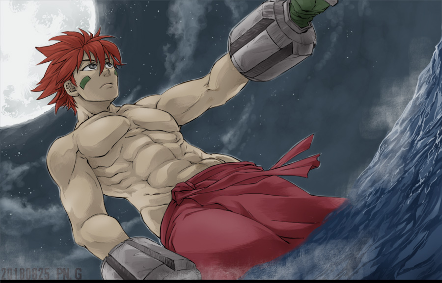 abs brass_knuckles commentary_request facial_mark full_moon grey_eyes grey_sky hair_between_eyes houshin_engi male_focus moon muscle nataku night night_sky outstretched_arm pectorals pn.jii red_hair shirtless sky solo weapon