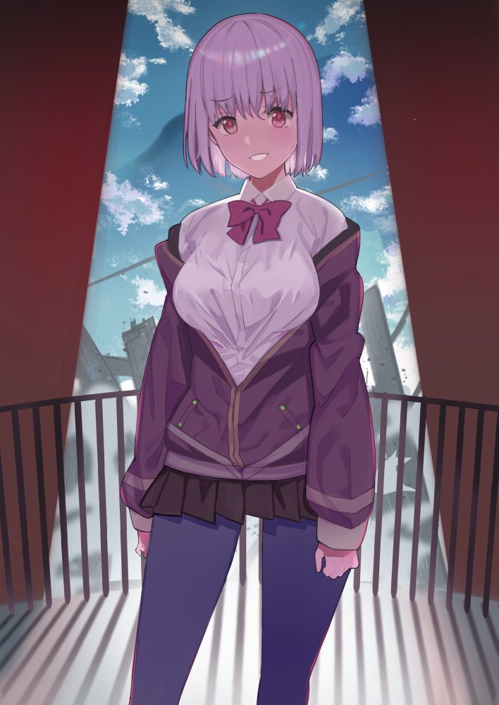 blue_legwear breasts hareno_chiame jacket large_breasts lavender_hair long_sleeves looking_at_viewer off_shoulder pantyhose purple_jacket red_eyes school_uniform shinjou_akane shirt short_hair skirt ssss.gridman white_shirt