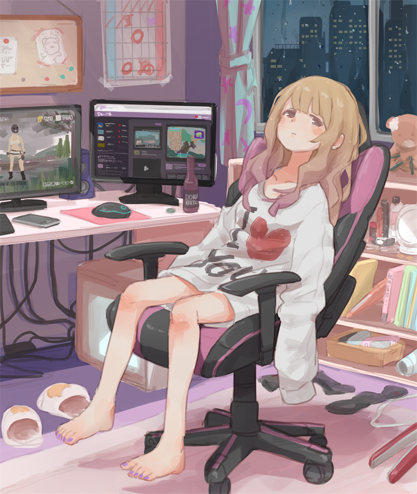 :| bangs barefoot black_eyes blonde_hair blush book bookshelf bored bottle building bulletin_board cable calendar_(object) cellphone chair closed_mouth clothes_writing commentary cosmetics curtains dual_monitor feet foot_dangle full_body half-closed_eyes hikikomori i_heart... indoors long_hair looking_at_viewer mirror monitor mouse_(computer) mousepad nail_polish night no_pants office_chair original oversized_clothes petite phone playerunknown's_battlegrounds purple_nails pushpin rain shirt sitting skyscraper sleeves_past_wrists slippers slippers_removed slouching smartphone socks_removed solo speaker stuffed_animal stuffed_toy sweatshirt swivel_chair tabao teddy_bear toenail_polish white_shirt window wireless_mouse