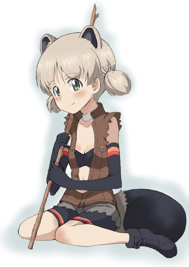 aki_(girls_und_panzer) american_beaver_(kemono_friends) american_beaver_(kemono_friends)_(cosplay) animal_ears anklet bangs beaver_ears beaver_tail bike_shorts black_bikini_top black_footwear black_gloves black_shorts breasts brown_jacket cleavage closed_mouth commentary cosplay elbow_gloves eyebrows_visible_through_hair full_body fur_collar girls_und_panzer gloves green_eyes hair_tie holding jacket jewelry kayabakoro light_brown_hair looking_at_viewer navel open_clothes open_jacket short_hair short_twintails shorts sitting sleeveless_jacket small_breasts smile solo stick tail torn_clothes torn_sleeves twintails