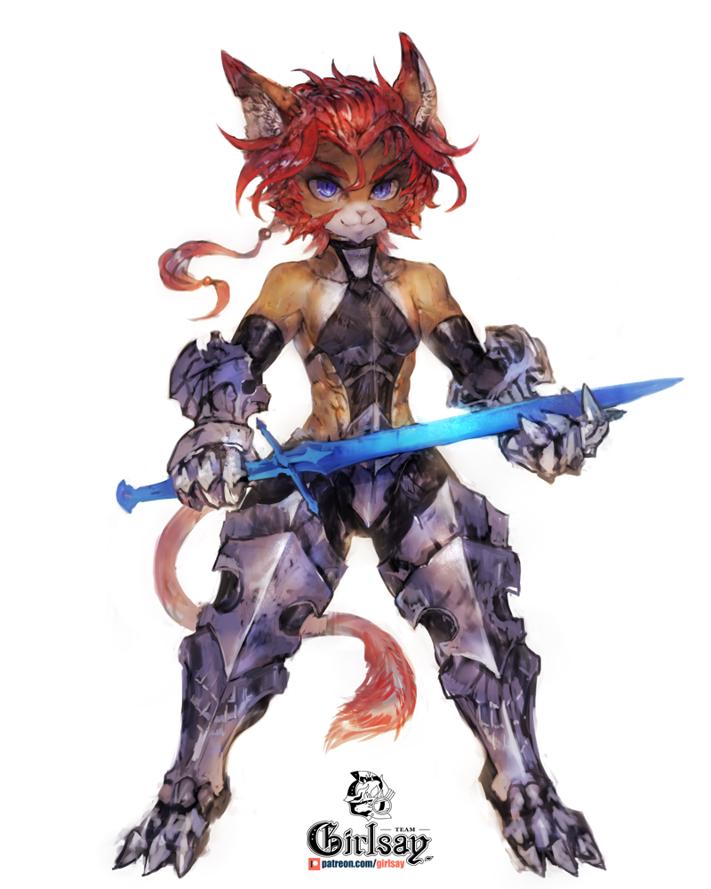 2018 anthro armor breasts digital_media_(artwork) feline female girlsay hair holding_object holding_weapon lion mammal melee_weapon purple_eyes red_hair simple_background smile solo sword weapon white_background