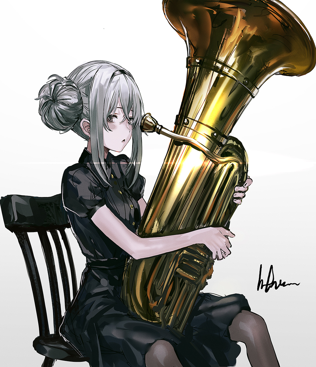bangs black_dress black_hairband black_legwear blush blush_stickers breasts buttons chair double_bun dress g11_(girls_frontline) girls_frontline hair_between_eyes hairband highres holding holding_instrument infukun instrument long_hair looking_at_viewer open_mouth pantyhose short_sleeves sidelocks signature silver_hair sitting small_breasts solo tuba