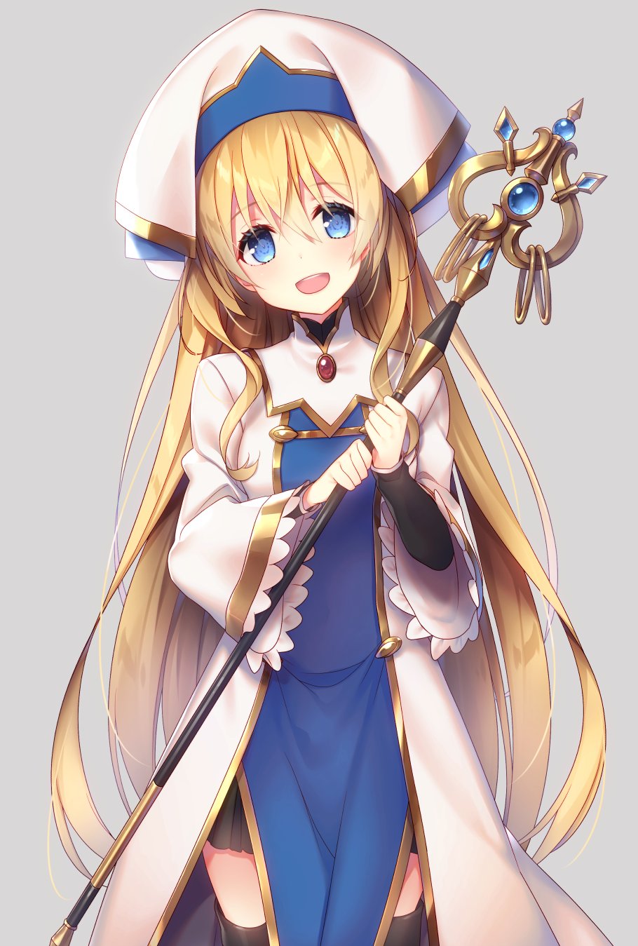 :d black_legwear blue_eyes cleric commentary_request goblin_slayer! hat highres holding holding_weapon long_hair looking_at_viewer open_mouth priestess_(goblin_slayer!) simple_background smile solo staff tahya thighhighs weapon