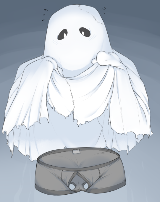 2018 ambiguous_gender clothing clothing_lift digital_media_(artwork) ghost gradient_background invisible_penis iriedono mouthless penis penis_through_fly poking_out sheet_(disambiguation) simple_background solo spirit underwear