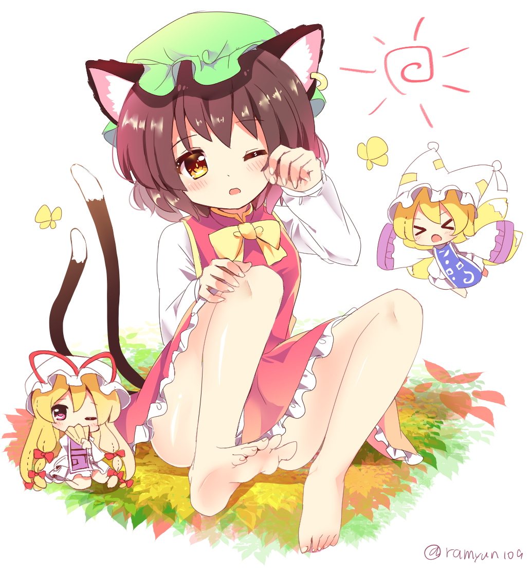 &gt;_&lt; animal_ear_fluff animal_ears artist_name ass bangs bare_legs barefoot blonde_hair bow bowtie breasts brown_hair bug butterfly cat_ears cat_tail chen chibi commentary_request covered_mouth dress earrings eyebrows_visible_through_hair fan flying folding_fan fox_tail full_body green_hat hair_bow hand_up hat hat_ribbon holding holding_fan insect jewelry knees_up long_hair long_sleeves looking_at_viewer mob_cap multiple_girls multiple_tails nekomata open_mouth outstretched_arms petticoat pillow_hat purple_eyes ramudia_(lamyun) red_bow red_dress red_ribbon ribbon shadow shiny shiny_skin shirt short_hair simple_background sitting small_breasts sun_(symbol) tabard tail thighs touhou twitter_username two_tails very_long_hair white_background white_dress white_hat white_shirt wide_sleeves yakumo_ran yakumo_yukari yellow_bow yellow_eyes yellow_neckwear