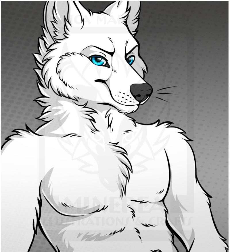 2018 abs anthro black_nose blue_eyes canine clothed clothing digital_media_(artwork) fur grey_background half-length_portrait halftone_background inner_ear_fluff looking_at_viewer male mammal minerea pattern_background pinkdragonlove pinup portrait pose simple_background smile solo standing topless watermark white_fur wolf