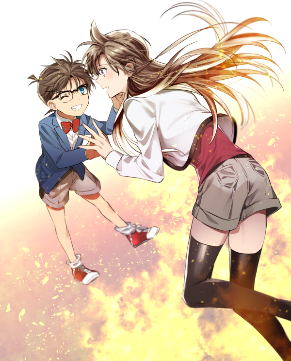 1girl ;d black-framed_eyewear blue_eyes blue_jacket bow bowtie brown_hair edogawa_conan floating_hair grey_shorts grin jacket long_hair meitantei_conan mouri_ran one_eye_closed open_mouth over-rim_eyewear red_bow ro-a semi-rimless_eyewear shirt short_shorts shorts smile thighhighs white_shirt zettai_ryouiki