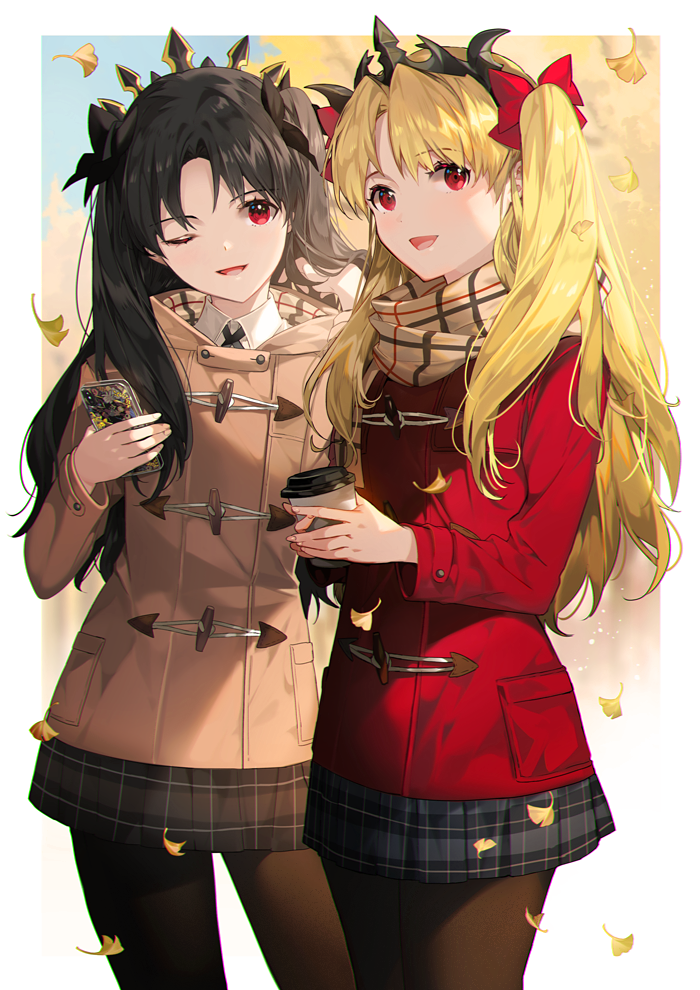 alternate_costume autumn bangs black_hair black_legwear black_ribbon blonde_hair blush cellphone coat commentary crown duffel_coat ereshkigal_(fate/grand_order) fate/grand_order fate_(series) flowerchorus hair_ornament holding holding_cellphone holding_phone ishtar_(fate/grand_order) jacket long_hair long_sleeves looking_at_viewer miniskirt multiple_girls one_eye_closed open_mouth pantyhose parted_bangs phone plaid plaid_scarf plaid_skirt pleated_skirt red_eyes ribbon scarf skirt smartphone smile two_side_up