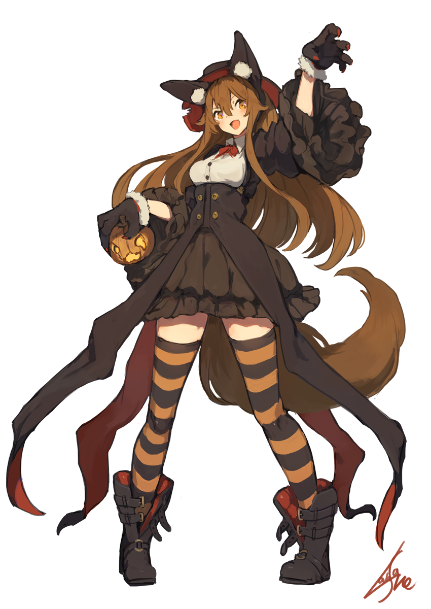 :d animal_ear_fluff animal_ears ankle_boots arm_up artist_name bangs black_footwear black_gloves black_hat black_jacket black_skirt blush boots bow bowtie breasts brown_hair buckle claw_pose collared_shirt commentary_request corset cropped_jacket full_body fur-trimmed_gloves fur_trim gloves hair_between_eyes halloween hat high-waist_skirt highres holding jack-o'-lantern jacket lansane large_breasts legs_apart long_hair long_sleeves looking_at_viewer open_clothes open_jacket open_mouth orange_eyes original pigeon-toed pumpkin red_bow red_neckwear shirt signature simple_background skirt smile solo standing striped striped_legwear tail thighhighs tsana_(lansane) very_long_hair white_background white_shirt wide_sleeves wing_collar wolf_ears wolf_girl wolf_tail zettai_ryouiki