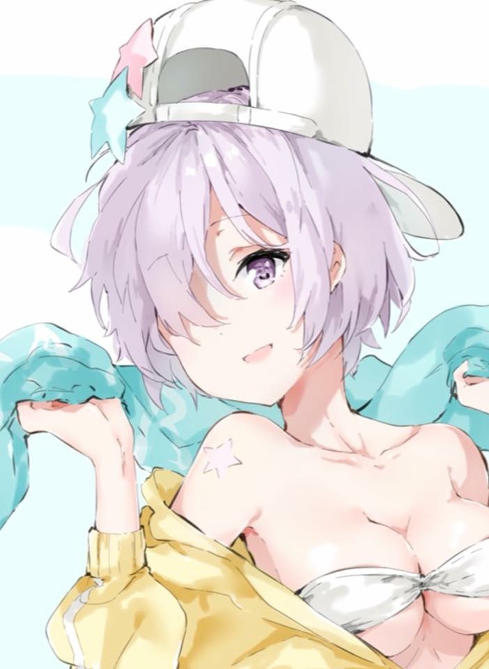 backwards_hat bare_shoulders bb_(fate)_(all) bb_(swimsuit_mooncancer)_(fate) bb_(swimsuit_mooncancer)_(fate)_(cosplay) breasts chuchugou cleavage collarbone cosplay fate/grand_order fate_(series) hair_over_one_eye hat lavender_hair mash_kyrielight open_mouth pink_hair purple_eyes smile star_tattoo tattoo