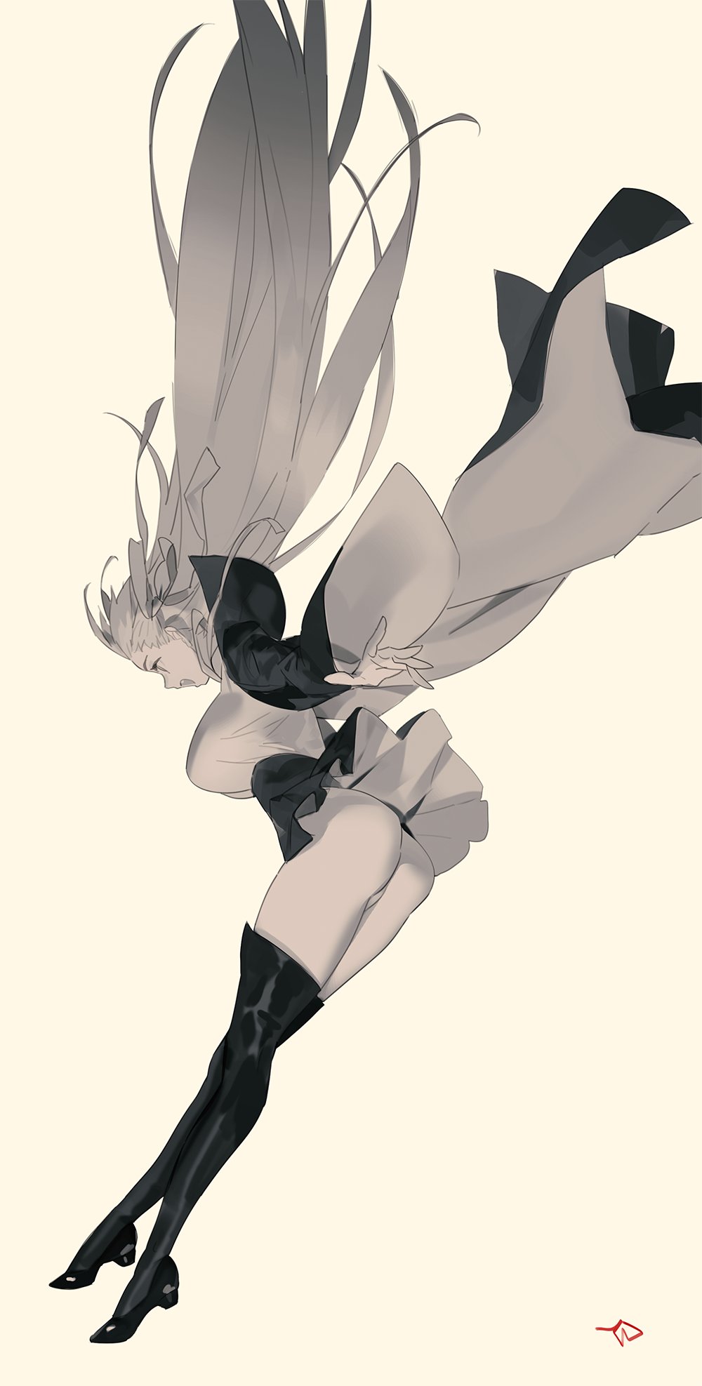 ass bb_(fate)_(all) bb_(fate/extra_ccc) black_legwear bow bowtie breasts coat commentary_request fate/extra fate/extra_ccc fate/grand_order fate_(series) full_body greyscale highres large_breasts long_hair long_sleeves monochrome open_mouth panties shoes signature simple_background skirt smile solo thighhighs thighs underwear very_long_hair white_background wide_sleeves yang-do