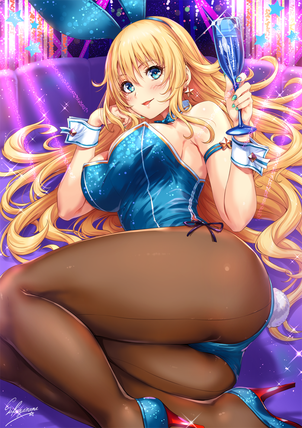 adapted_costume animal_ears artist_name ass atago_(kantai_collection) back-seamed_legwear blonde_hair blue_eyes blue_footwear blue_leotard blush breasts bunny_tail bunnysuit couch cup detached_collar drinking_glass earrings fake_animal_ears fake_tail fishnets hand_on_own_cheek high_heels highres indoors jewelry kantai_collection large_breasts leotard long_hair looking_at_viewer lying nail_art on_side pantyhose parted_lips purple_background sakiyamama seamed_legwear sideboob signature smile solo sparkle star star_earrings tail thick_thighs thighs toast_(gesture) wine_glass wrist_cuffs