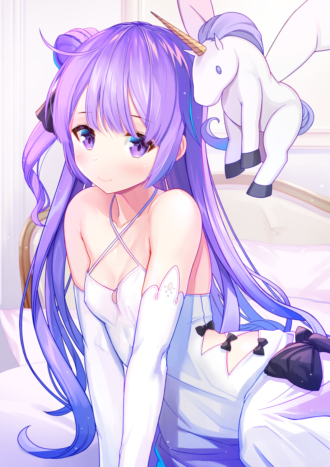 ahoge atori azur_lane black_bow black_ribbon blush bow breasts closed_mouth collarbone covered_nipples criss-cross_halter detached_sleeves dress eyebrows_visible_through_hair hair_bun hair_ribbon halterneck highres long_hair looking_at_viewer one_side_up purple_eyes purple_hair ribbon side_bun sitting small_breasts smile solo stuffed_alicorn stuffed_animal stuffed_toy unicorn_(azur_lane) v_arms very_long_hair white_dress