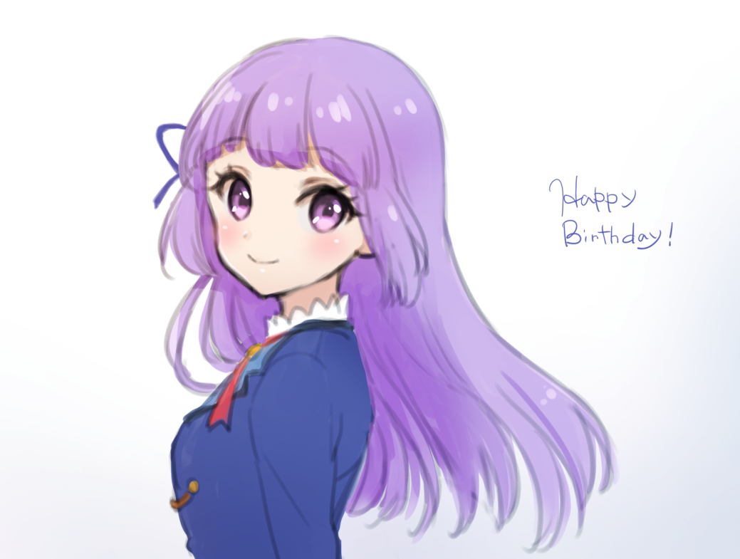 aikatsu! aikatsu!_(series) blue_jacket blush breasts closed_mouth commentary_request gradient gradient_background grey_background hair_ribbon happy_birthday hikami_sumire jacket long_hair looking_at_viewer looking_to_the_side nuno_(pppompon) purple_eyes purple_hair purple_ribbon ribbon small_breasts smile solo starlight_academy_uniform upper_body very_long_hair white_background