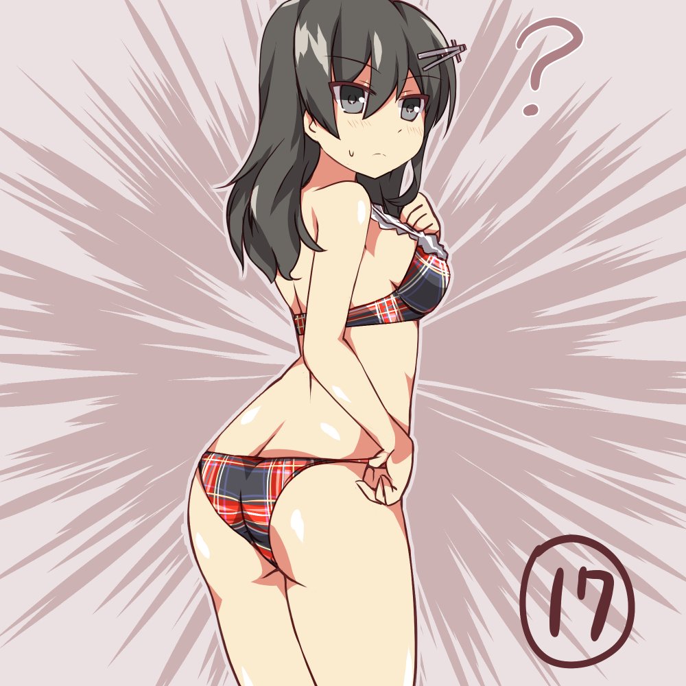 ? ass black_hair bra breasts butt_crack commentary_request cowboy_shot emphasis_lines from_behind grey_background grey_eyes hair_ornament hairclip kantai_collection long_hair medium_breasts numbered oyashio_(kantai_collection) panties plaid plaid_bra plaid_panties solo underwear wahiko_(black_bastard)