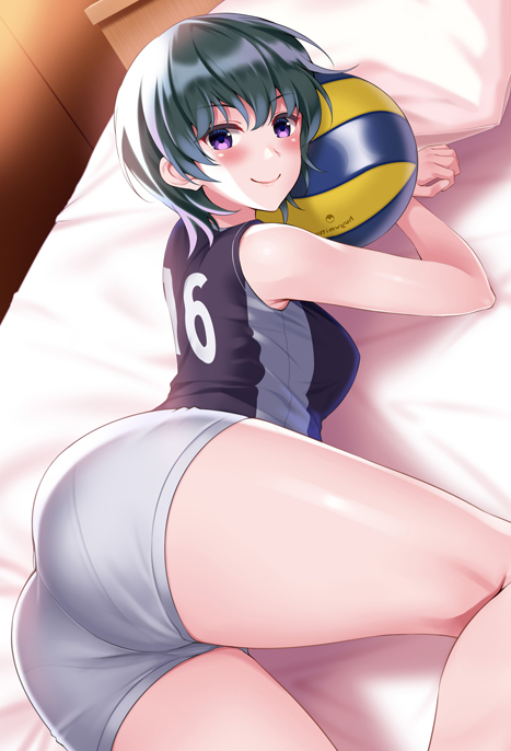 arm_support ass ball bangs bed bed_sheet blue_shirt blush breasts closed_mouth commentary_request eyebrows_visible_through_hair green_hair gym_shorts gym_uniform huyumitsu indoors kneepits looking_at_viewer looking_back lying medium_breasts number on_bed on_stomach original pantylines pillow purple_eyes shiny shiny_skin shirt shorts sleeveless sleeveless_shirt smile solo sportswear thighs uniform volleyball volleyball_uniform white_shorts