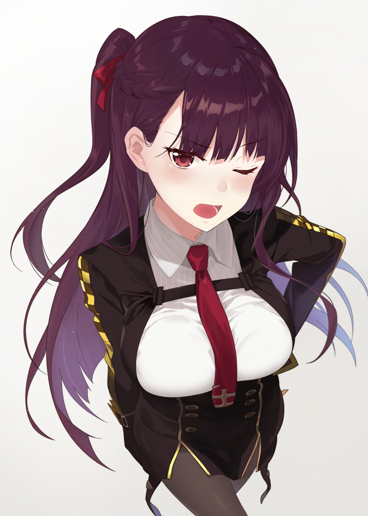 azuki_yui bangs black_legwear black_skirt blazer blush braid breasts collared_shirt commentary double-breasted eyebrows_visible_through_hair framed_breasts french_braid girls_frontline gloves grey_background hair_ribbon half_updo hand_on_hip high-waist_skirt jacket large_breasts long_hair looking_at_viewer necktie one_eye_closed one_side_up open_mouth pantyhose pelvic_curtain purple_hair red_eyes red_neckwear red_ribbon ribbon shirt simple_background skirt solo taut_clothes tsundere very_long_hair wa2000_(girls_frontline) white_shirt