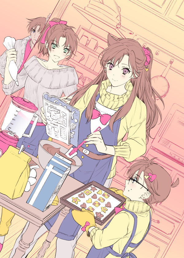 2girls apron black-framed_eyewear blue_apron bow bowtie brown_hair collarbone cooking dutch_angle edogawa_conan food food_on_face glasses green_eyes grey_sweater hair_between_eyes hair_ornament hattori_heiji heart high_ponytail indoors long_hair meitantei_conan mouri_ran multiple_boys multiple_girls pants pink_bow purple_eyes ro-a smile standing sweater tooyama_kazuha white_pants yellow_sweater