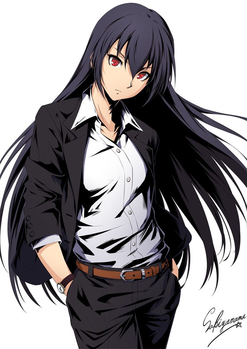 alternate_costume artist_name belt black_hair breasts casual closed_mouth commentary_request contemporary english expressionless hair_between_eyes hands_in_pockets head_tilt jersey kantai_collection long_hair long_sleeves looking_at_viewer nagato_(kantai_collection) no_choker no_headgear open_collar pants red_eyes sakiyamama shadow shirt sidelocks simple_background small_breasts solo watch white_background white_shirt wind wind_lift wristwatch