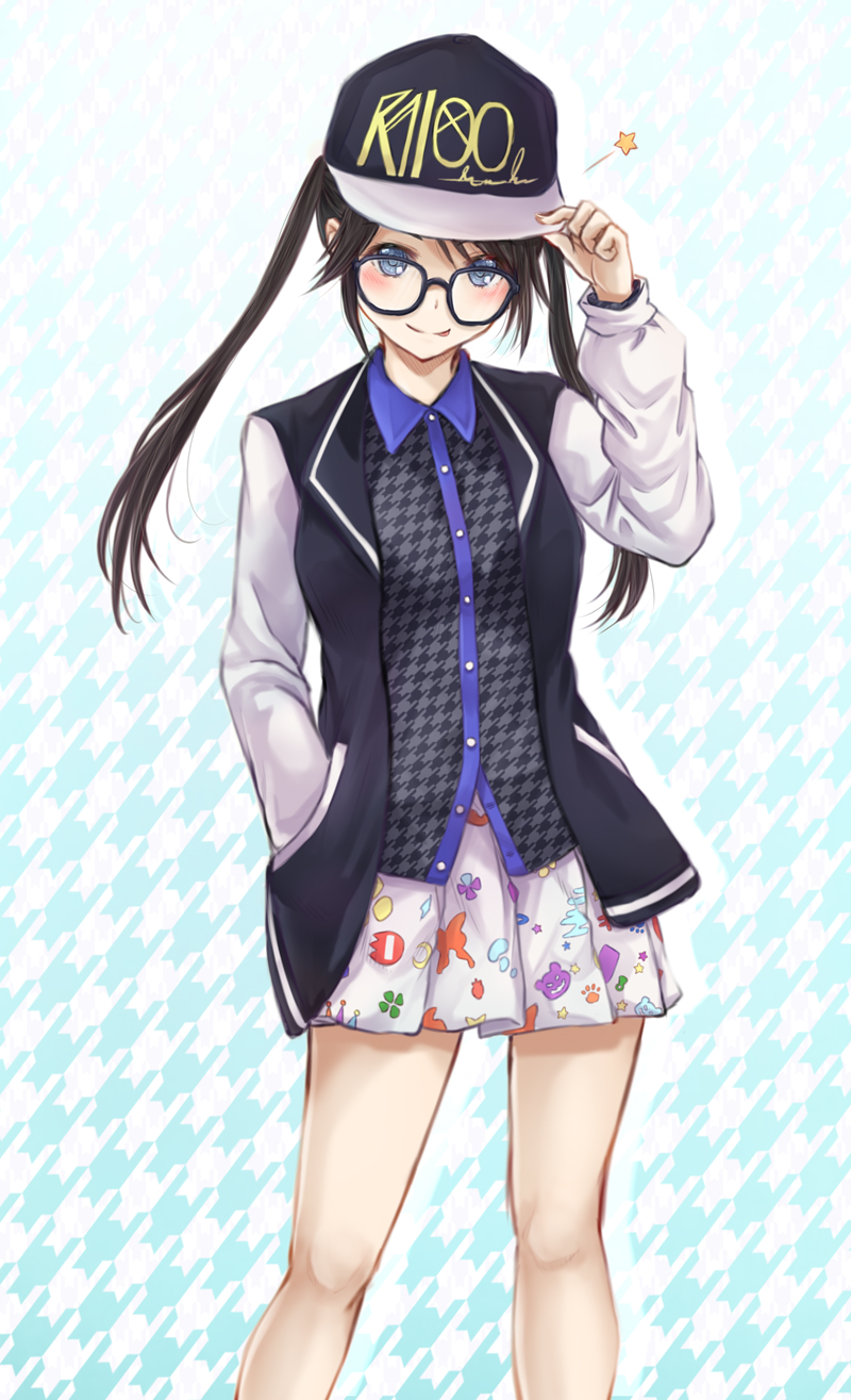 :p arigato_(rmskrtkdlqj) arm_up bare_legs baseball_cap black-framed_eyewear black_hair black_hat black_jacket black_shirt blue_eyes blush breasts closed_mouth clothes_writing collared_shirt commentary_request feet_out_of_frame glasses hand_in_pocket hand_on_headwear hat highres idolmaster idolmaster_shiny_colors jacket legs_apart long_hair long_sleeves looking_at_viewer miniskirt mitsumine_yuika open_clothes open_jacket patterned_background patterned_clothing pleated_skirt print_skirt raglan_sleeves shirt skirt small_breasts solo standing star tongue tongue_out twintails two-tone_background unmoving_pattern white_skirt white_sleeves