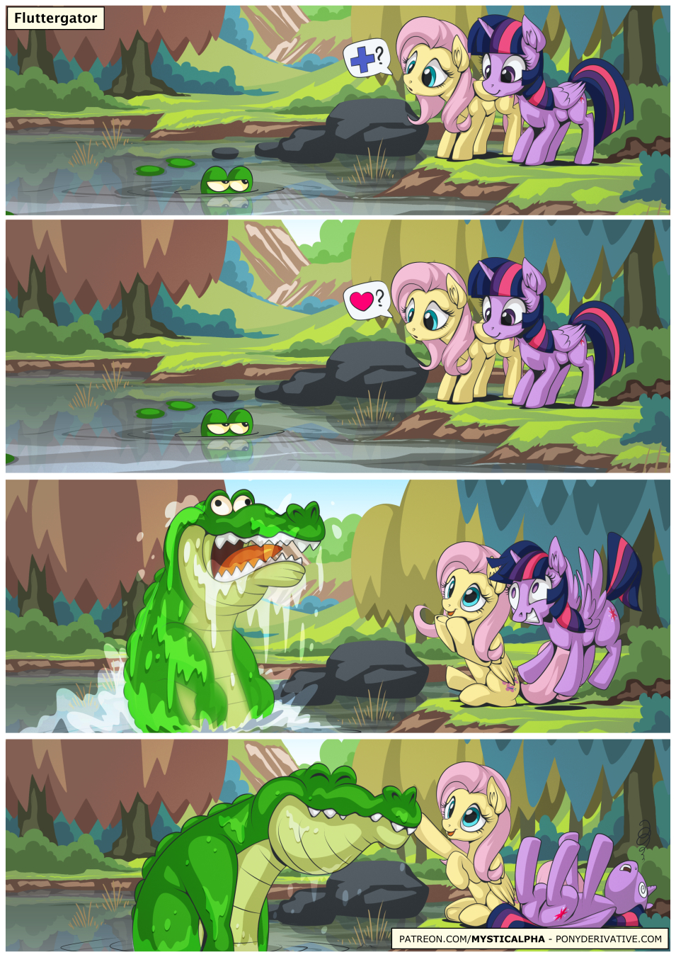 &lt;3 + 2018 alligator comic crocodilian equine female fluttershy_(mlp) friendship_is_magic horn male mammal my_little_pony mysticalpha out_cold pegasus pond reptile scalie scared twilight_sparkle_(mlp) unconscious winged_unicorn wings