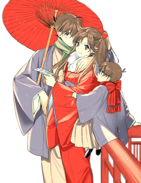 arm_support bow brown_hair edogawa_conan fur_trim green_eyes grin hair_bow hakama haori holding holding_umbrella japanese_clothes kimono kudou_shin'ichi long_hair long_sleeves meitantei_conan mouri_ran oriental_umbrella ponytail purple_eyes red_bow red_kimono red_scarf red_umbrella ro-a scarf sitting smile umbrella white_hakama yukata