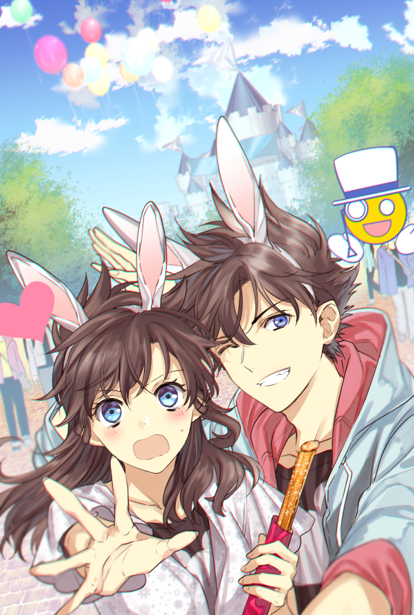 1girl ;d animal_ears blue_eyes blue_jacket blue_sky brown_hair cloud couple day embarrassed fake_animal_ears floating_hair grin hairband heart holding hood hood_down hooded_jacket jacket kudou_shin'ichi long_hair looking_at_viewer meitantei_conan mouri_ran one_eye_closed open_mouth outdoors outstretched_arm ro-a shirt short_sleeves sky smile upper_body white_hairband white_shirt