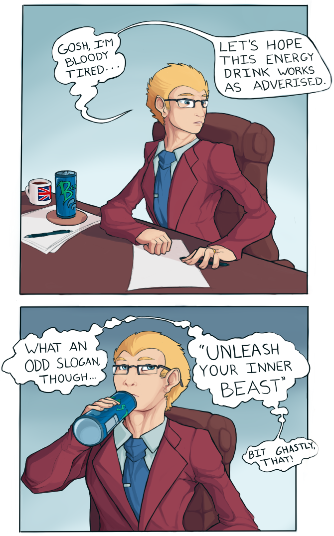 blonde_hair blue_eyes can chair clothed clothing colored comic cup digital_media_(artwork) english_text eyewear glasses hair hexacult human male mammal necktie not_furry paper simple_background sitting solo speech_bubble suit text