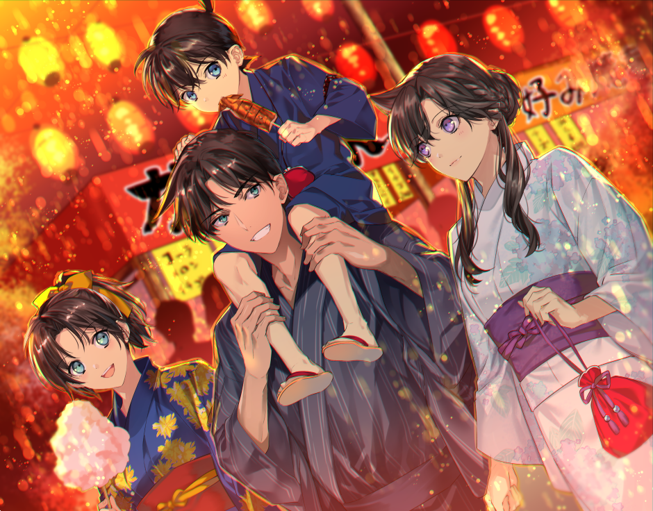 2girls blue_eyes blue_kimono bow brown_hair dutch_angle edogawa_conan festival grin hair_bow hattori_heiji holding japanese_clothes kimono long_hair meitantei_conan mouri_ran multiple_boys multiple_girls night obi outdoors ponytail purple_eyes ro-a sash short_hair sidelocks smile standing tied_hair tooyama_kazuha yellow_bow