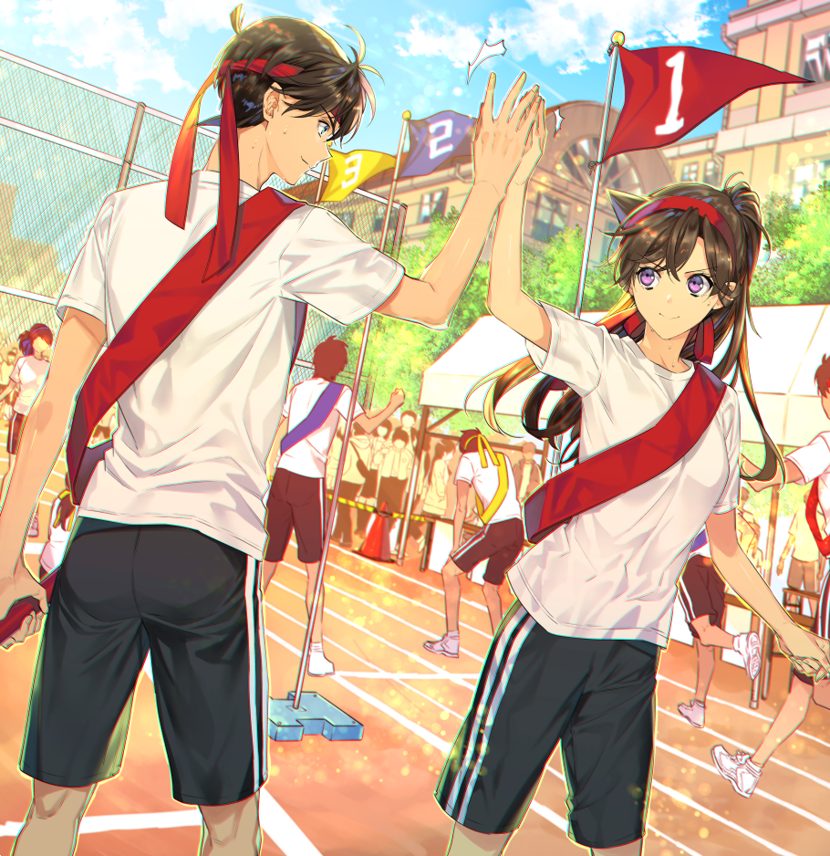 blue_sky brown_hair cloud couple day eye_contact eyes_visible_through_hair faceless faceless_female faceless_male flag floating_hair gym_uniform high_five holding kudou_shin'ichi long_hair looking_at_another meitantei_conan mouri_ran outdoors purple_eyes red_bandana ro-a shiny shiny_hair shirt short_sleeves shorts sky smile track_and_field white_shirt